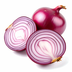 A fresh red onion sliced in half to reveal its vibrant layers, accompanied by a whole one, on a bright, shadowless white backdrop