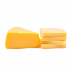 A wedge of sharp cheddar cheese next to neatly stacked slices, presented on a completely white background in a catalog-ready style