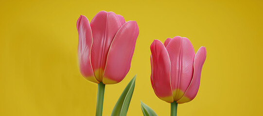 Fototapeta premium pink tulip flower plant stalk on yellow background 17