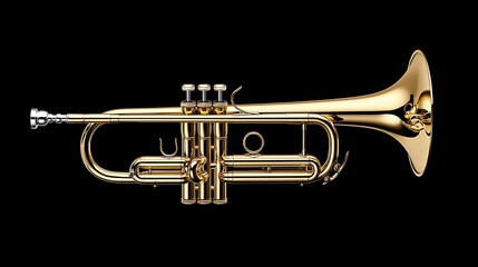 Obraz premium A shiny gold trumpet isolated on a black background.