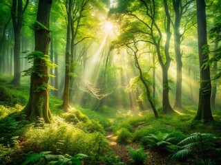 Obraz premium Enchanting Mystical Forest Scene with Lush Green Foliage and Ethereal Mist for Captivating Nature Backgrounds and Design Projects