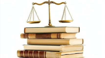 Golden scales of justice balanced on stacked books against a clean white background showcasing the importance of law and ethics