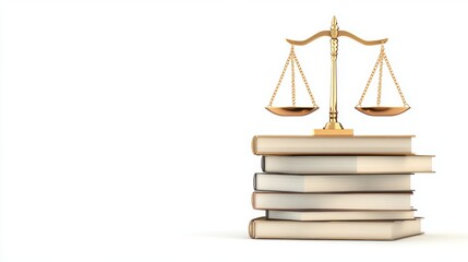 Golden scales of justice balanced on stacked books against a clean white background