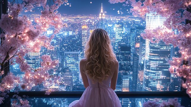 Fototapeta A woman on a floor of a building, inside a bedroom, the wall in front is completely made of glass, in the window you can see a New York style night city, 