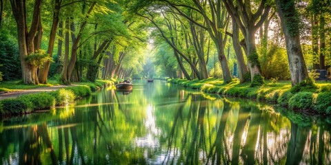 Fototapeta premium Enchanting Portrait Photography in Marais Poitevin: Capturing the Serenity of the Green Venice with Lush Canals, Ancient Trees, and Tranquil Reflections in Nature's Embrace