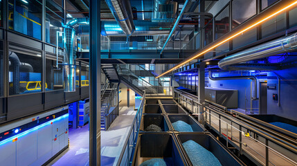Obraz premium A modern industrial facility featuring blue lighting, glass structures, and storage containers.