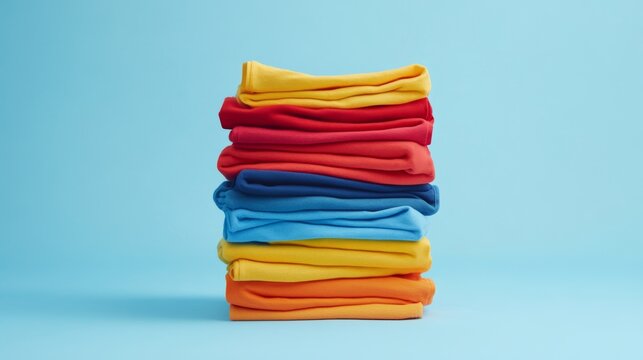 Colorful laundry stack on a light blue background showcasing household chore organization and vibrant fabric choices