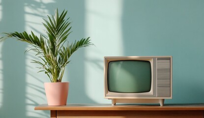 A vintage television beside a potted plant on a wooden table.