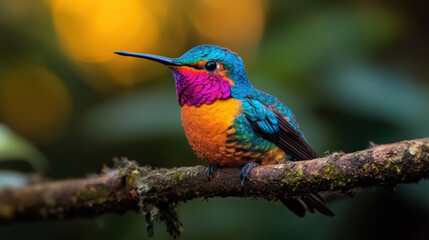 Obraz premium Siesta and Warmth. Serene hummingbird resting on twig lush forest wildlife photography natural habitat close-up view nature's vibrancy