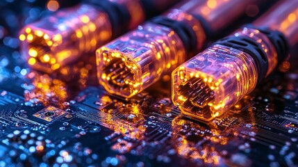 Illuminated Network Cables Connected to Circuit Board