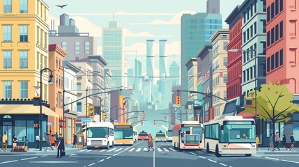 Obraz premium A stylized city street scene with buildings, buses, and pedestrians.