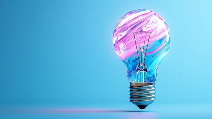 Mesmerizing Glowing Lightbulb with Swirling Patterns in Vibrant Colors Against a Soft Blue Background, Perfect for Creative and Modern Design Projects