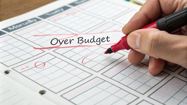 A hand placing a red marker next to an expense cate labeled over budget in a monthly budget sheet.