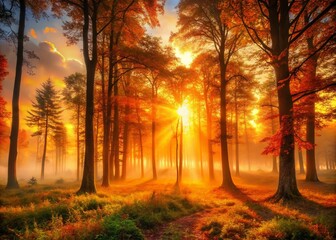 Fototapeta premium Ethereal Forest Sunrise: Mystical Trees Silhouetted Against a Vibrant Orange Sky Creating a Dreamy Landscape of Nature's Beauty and Tranquility for Serene Outdoor Photography