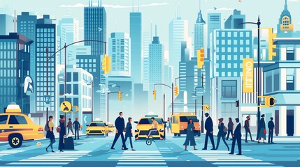 Obraz premium A stylized illustration of a city street with people walking across a crosswalk.