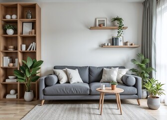 Fototapeta premium Interior of light living room with grey sofas, coffee table and houseplants 