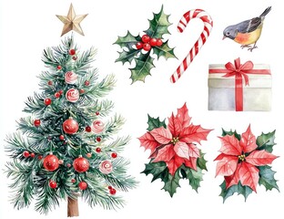 Festive watercolor Christmas tree with decorations, candy cane, holly leaves, colorful poinsettias and a bird, creating a cheerful holiday atmosphere.