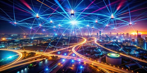 Fototapeta premium Ethereal Nightscape with Light Flares and LED Signals Representing Big Data Processing and Cybersecurity Intrusions in a Mystical, Motion-Blurred Environment