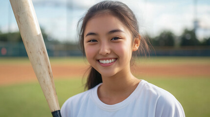 Asian Female Youth Holding A Baseball Bat