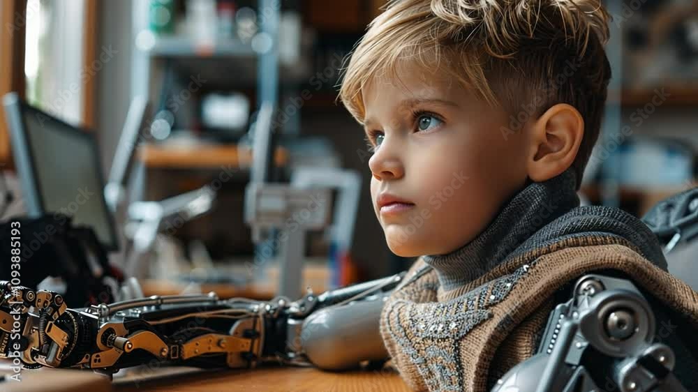 Poster a young boy with advanced robotic arms sits attentively at a workbench, concentrating on his task in