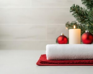 Elegant bathroom featuring red and gold Christmas ornaments, festive bath mats, and holidayscented candles