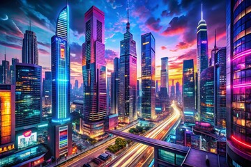 Obraz premium Explore the Surreal Charm of a Futuristic Metropolis with Neon Lights, Skyscrapers, and Urban Landscapes in a Dreamlike Atmosphere Perfect for Urban Exploration Photography
