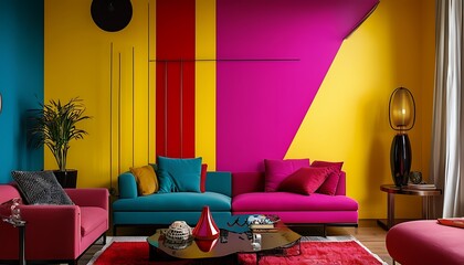 stylish living room with bold colorful wall decor
