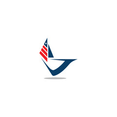 a sailboat logo with the US flag forming the letter V, modern minimalist and elegant