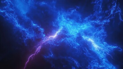 High-energy abstract lightning, dark blue background, neon light effects 