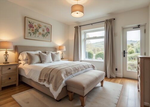 a bedroom with white walls and wood flooring the room has a large bed, a Chandel, two bedside lamps and a
