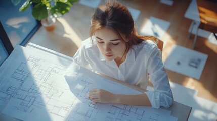 Young woman architect reviewing blueprints at desk.