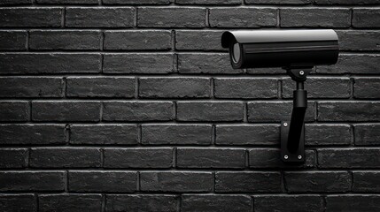 A sleek black security camera mounted on a textured dark brick wall, emphasizing surveillance and security in a modern setting.