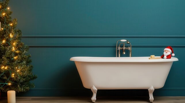 Vintagestyle bathroom with a clawfoot tub, holiday lights, and a mini Santa figurine on the sink
