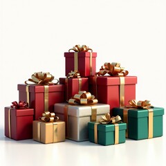 Fototapeta premium A collection of beautifully wrapped gift boxes in red, gold, green, and white with decorative ribbons, perfect for holidays, celebrations, or special occasions.
