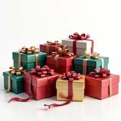 Obraz premium A collection of beautifully wrapped gift boxes in red, gold, green, and white with decorative ribbons, perfect for holidays, celebrations, or special occasions.