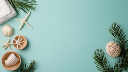 Fototapeta premium Coastal Christmas bathroom with seafoam greens and sandy tones, decorated with starfish ornaments and holiday accents
