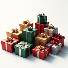 Obraz premium A collection of beautifully wrapped gift boxes in red, gold, green, and white with decorative ribbons, perfect for holidays, celebrations, or special occasions.