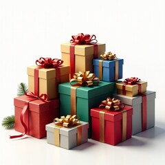 Obraz premium A collection of beautifully wrapped gift boxes in red, gold, green, and white with decorative ribbons, perfect for holidays, celebrations, or special occasions.