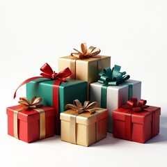 Obraz premium A collection of beautifully wrapped gift boxes in red, gold, green, and white with decorative ribbons, perfect for holidays, celebrations, or special occasions.