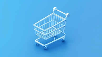 A white shopping cart on a light blue background.