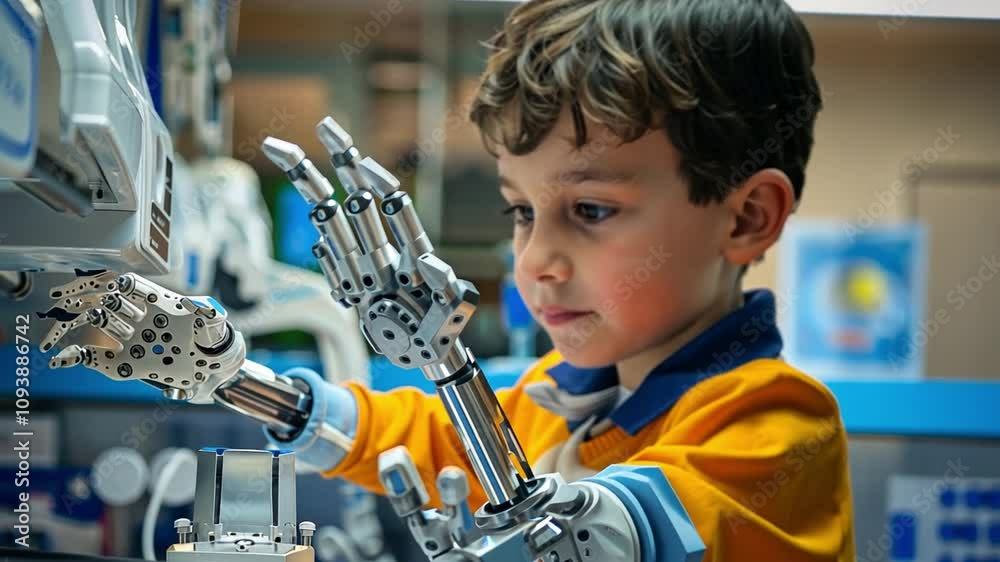 Aufkleber A young boy with curly hair explores a robotic arm in a technology lab, engaged in a hands-on learning experience about robotics and engineering.