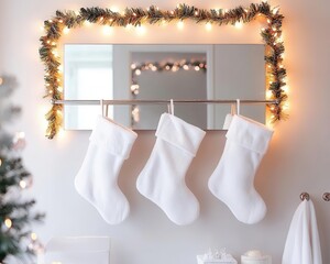 Elegant bathroom with Christmas stockings hanging from a towel rack, a lit garland around the mirror