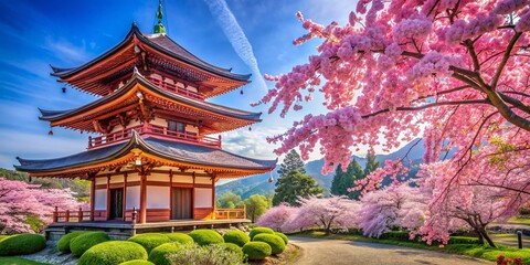 Fototapeta premium Exquisite Traditional Japanese Luxury Pagoda Home Surrounded by Blooming Sakura Trees in a Serene Landscape, Capturing the Essence of Japanese Architecture and Nature