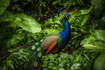 Naklejka premium Vibrant peacock displays stunning tail feathers amidst lush green foliage in a tropical setting