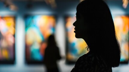 The defocused silhouettes of the art pieces create a sense of mystery and intrigue in the otherwise brightly lit gallery.
