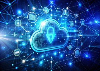 Obraz premium Fashion Photography Conceptualizing Cloud and Edge Computing Technology with Cybersecurity Protection, Featuring a Prominent Cloud Icon and Binary Code on a Dark Blue Background