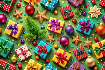 Festive Christmas Pattern Featuring Colorful Gifts, Ornaments, and Holiday Cheer Perfect for Seasonal Decor and Design Projects with Ample Copy Space for Customization
