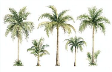 Watercolor illustration of palm trees tropical plants green foliage isolated on white background vintage coconut banana