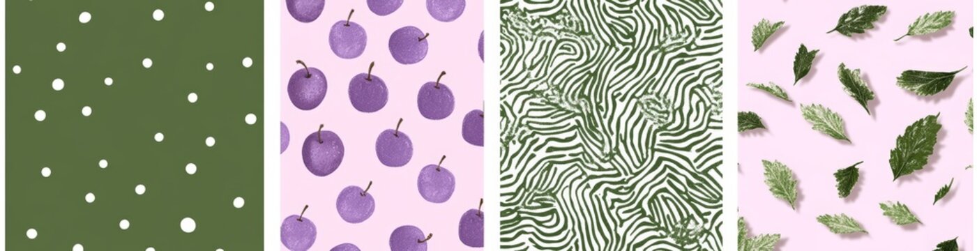 Seamless pattern with plums leaves plants dots stripes and abstract elements for fabric and textile design
