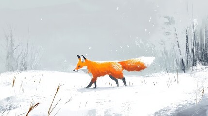 A fox walking across a snowy field, its bright orange fur standing out against the white landscape.